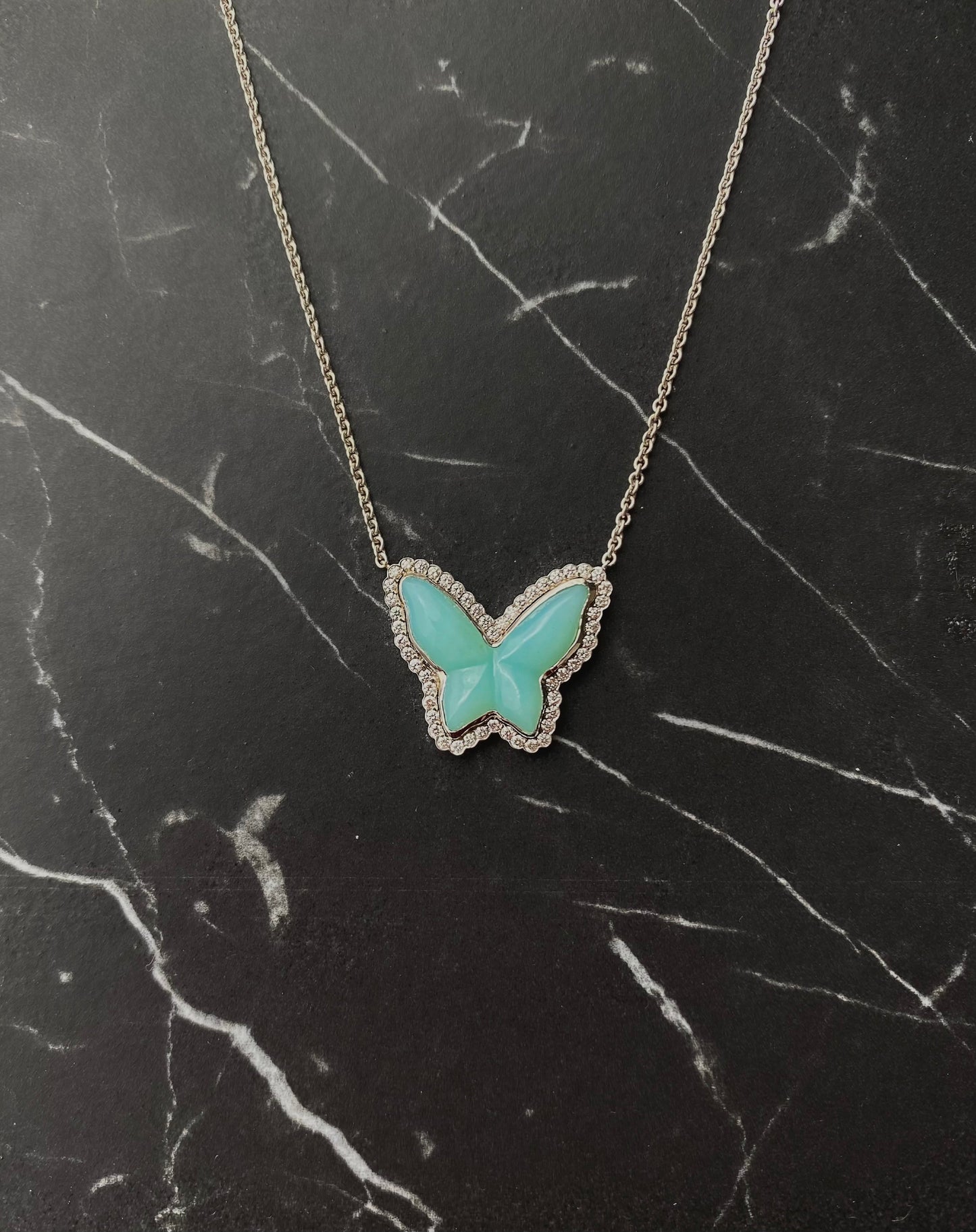 Bespoke Peruvian Opal & Diamond 0.23ctw Mini Butterfly Pendant