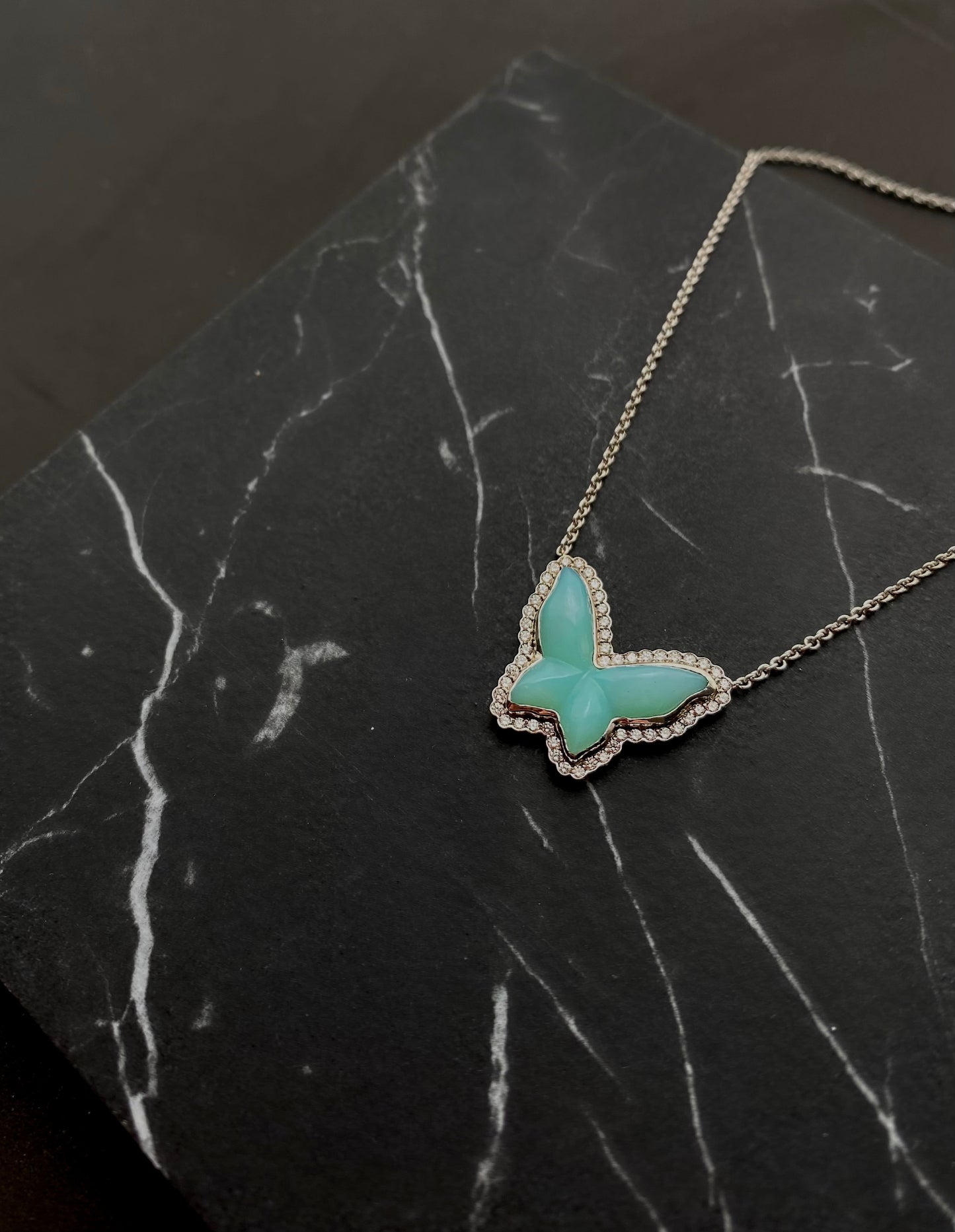 Bespoke Peruvian Opal & Diamond 0.23ctw Mini Butterfly Pendant