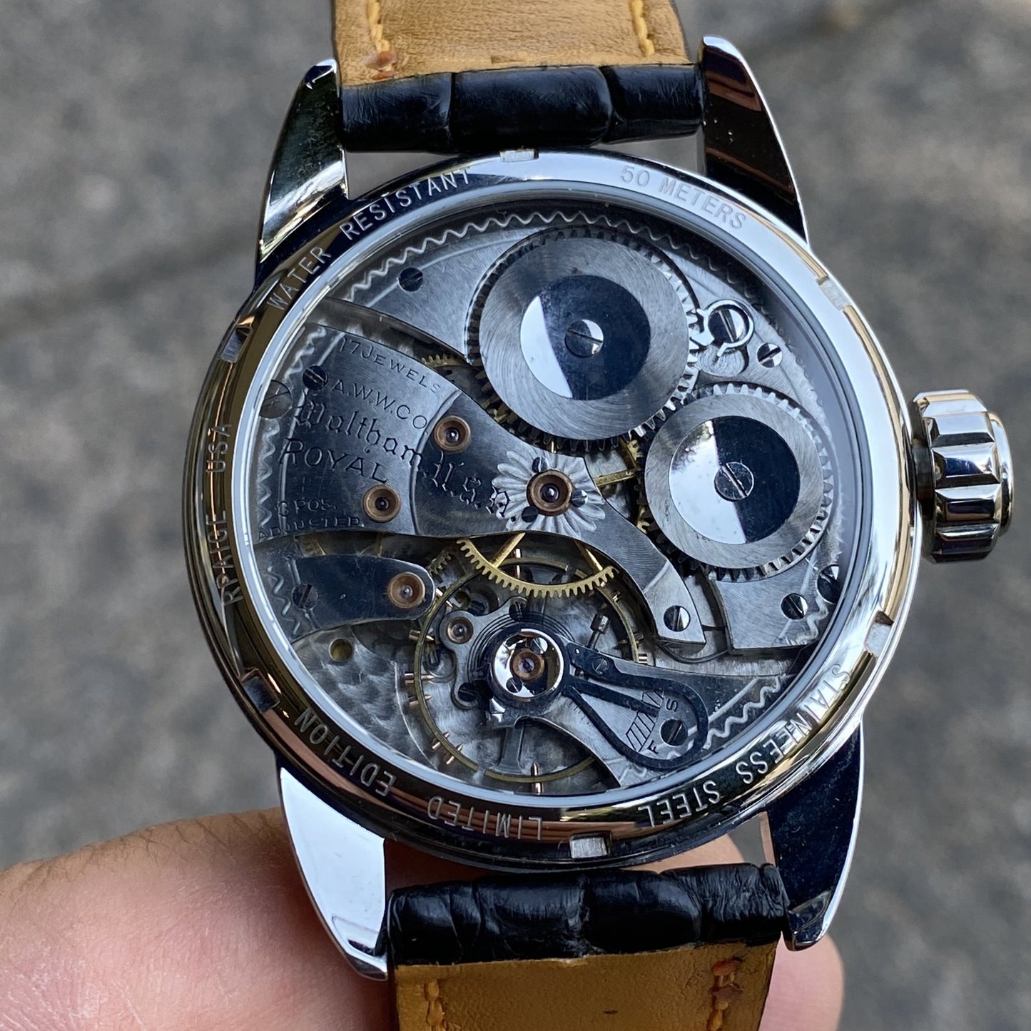 RPaige Wrocket Waltham Royal C.1923 guilloche 18K gold dial watch