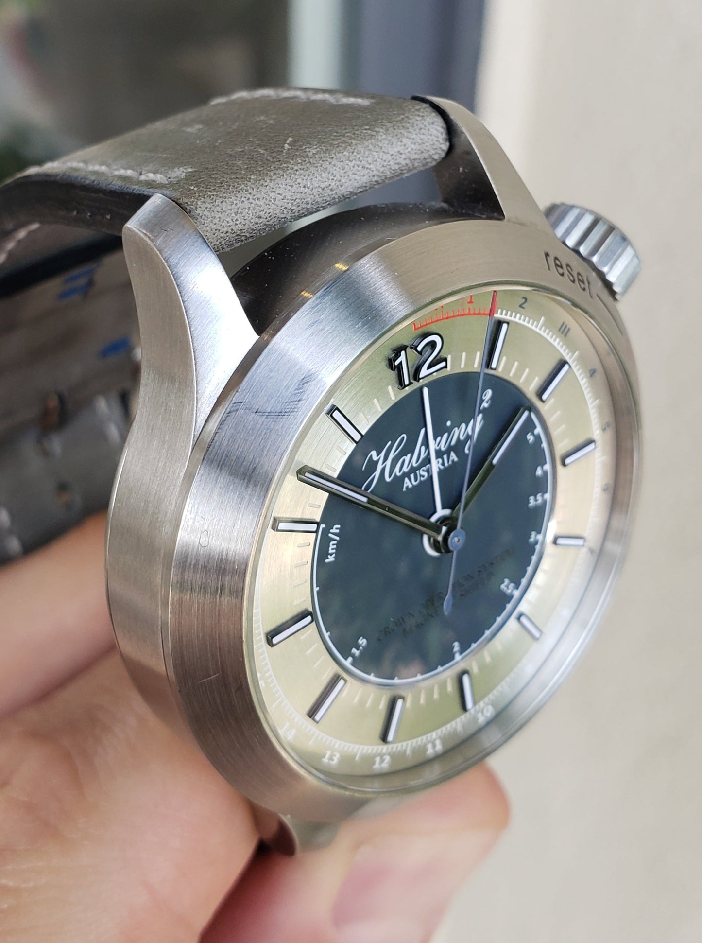 Estate SS Habring2 ChronotempVs III automatic COS chronograph on strap. B&P