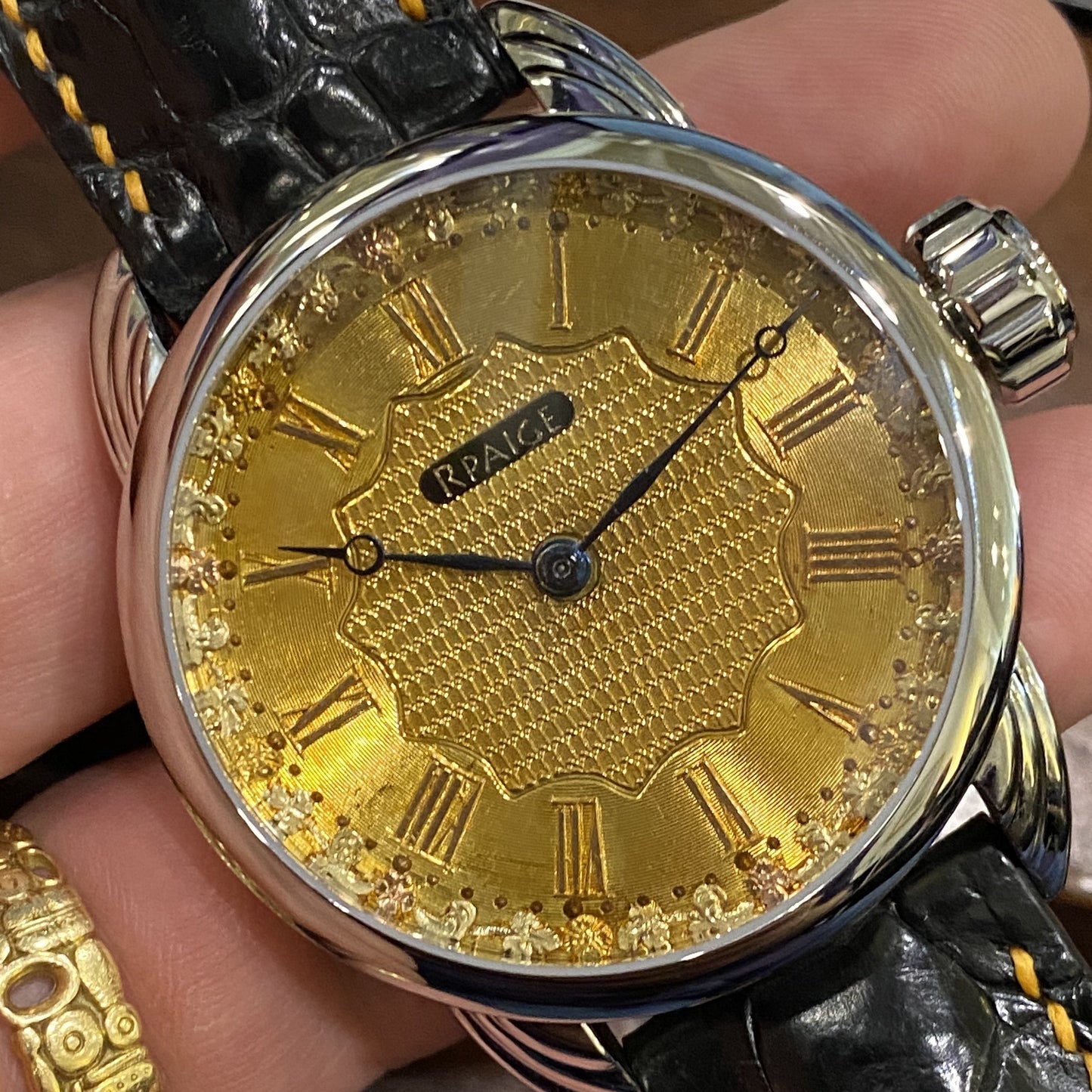RPaige Wrocket Waltham Royal C.1923 guilloche 18K gold dial watch