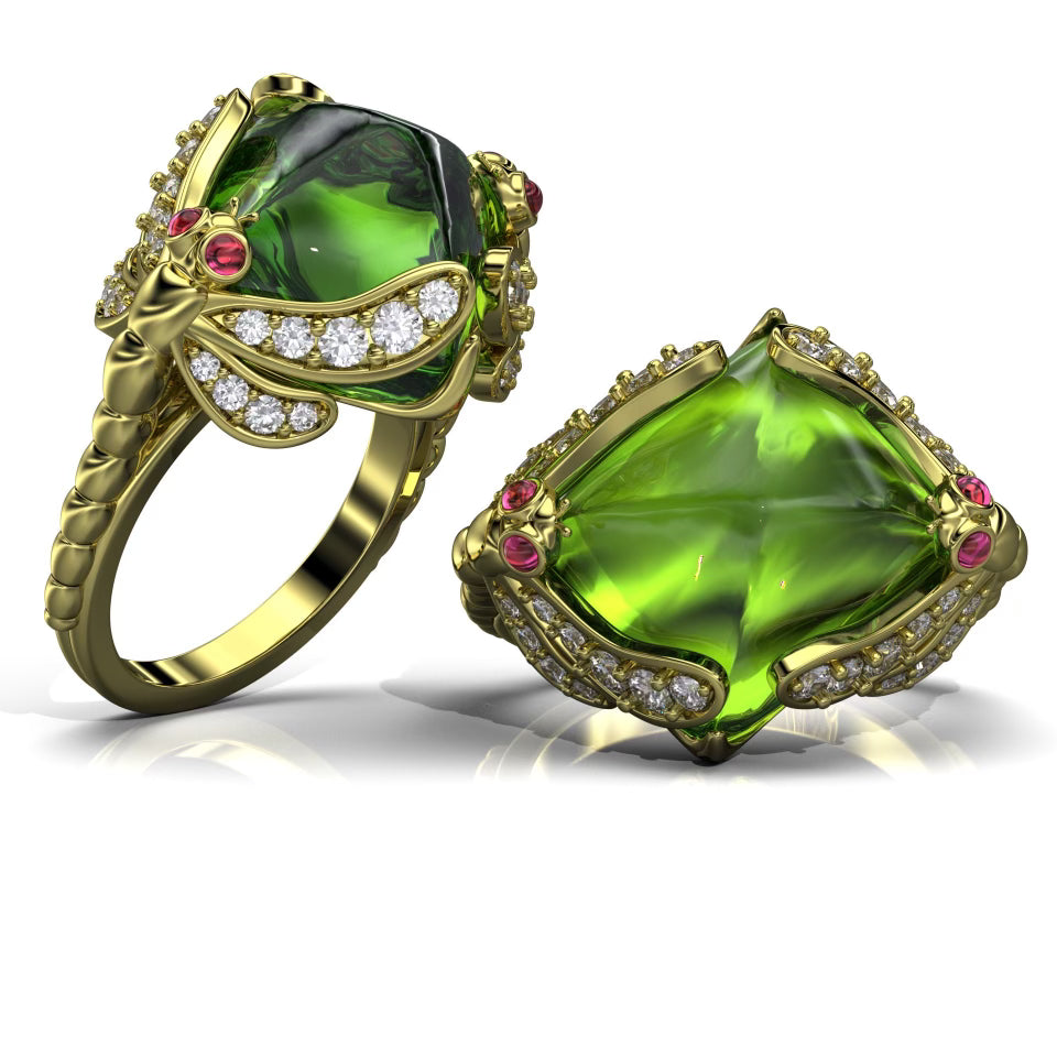 Mariposa 18K YG Dragonfly Sugar Loaf Cabachon Tourmaline and Diamond Ring.