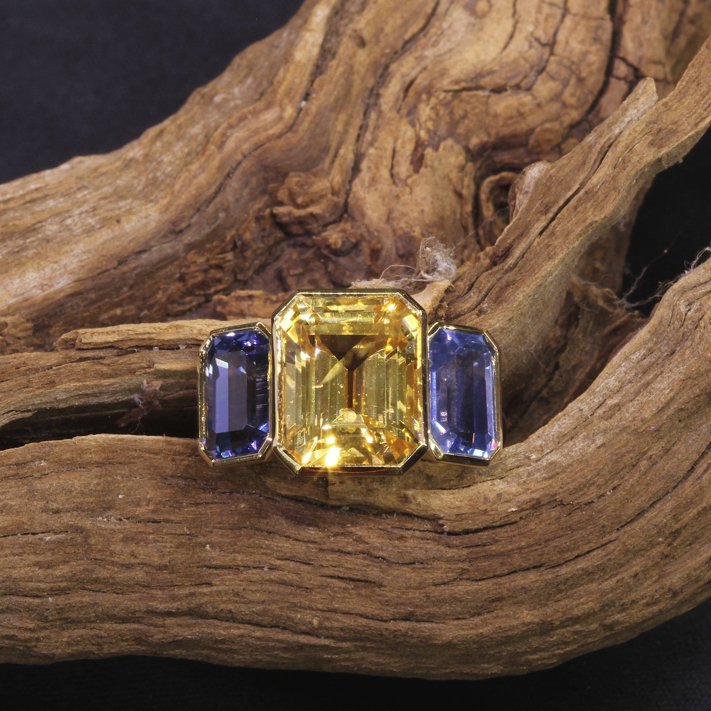 Passion Collection 18K YG Yellow & Bluish Violet Sapphire 3 stone ring