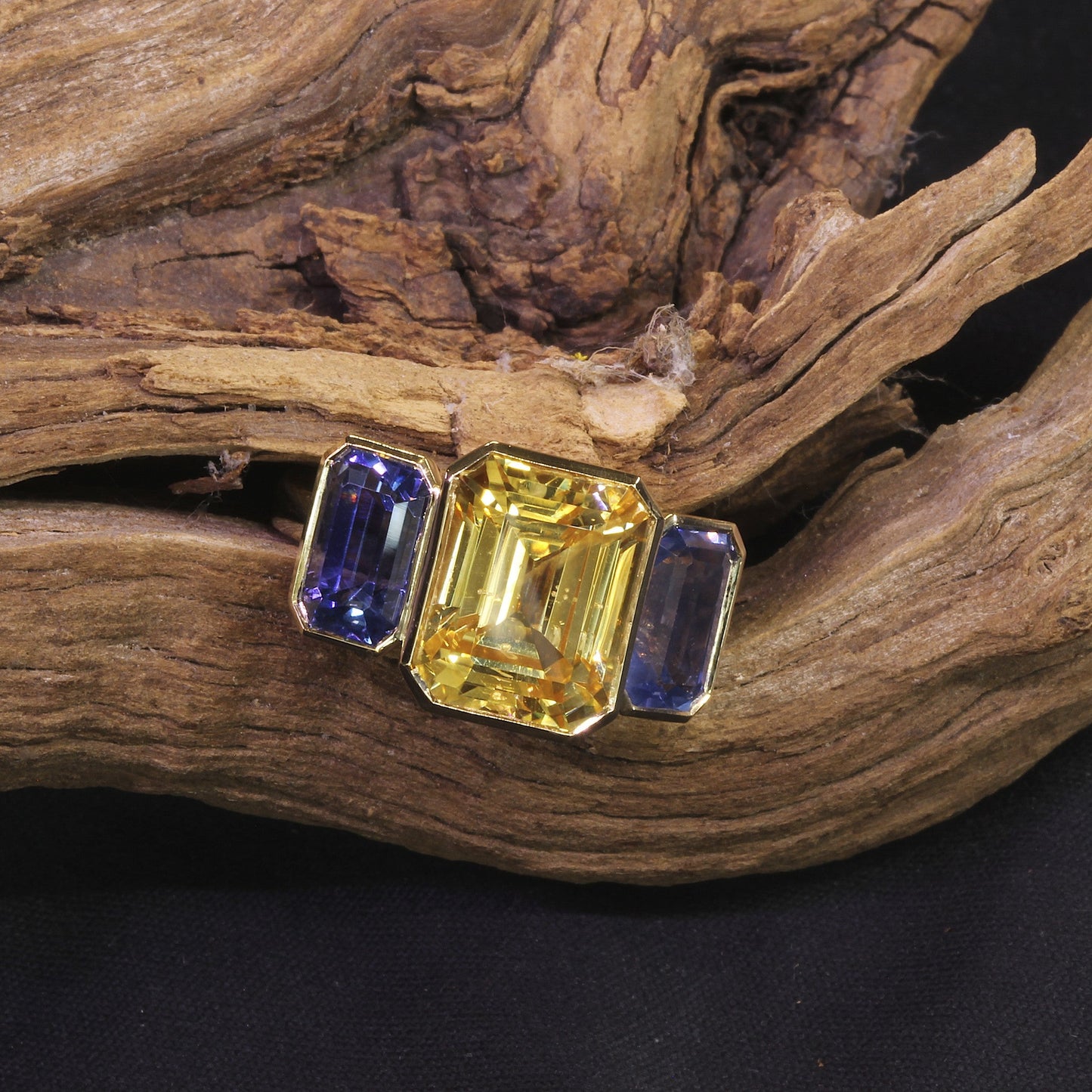 Passion Collection 18K YG Yellow & Bluish Violet Sapphire 3 stone ring