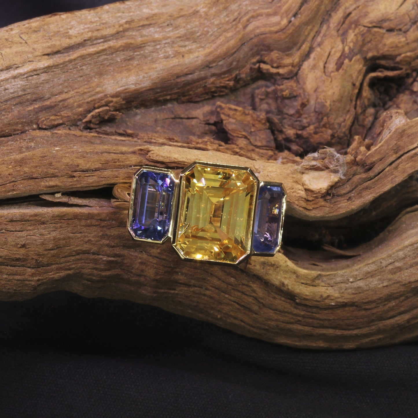Passion Collection 18K YG Yellow & Bluish Violet Sapphire 3 stone ring