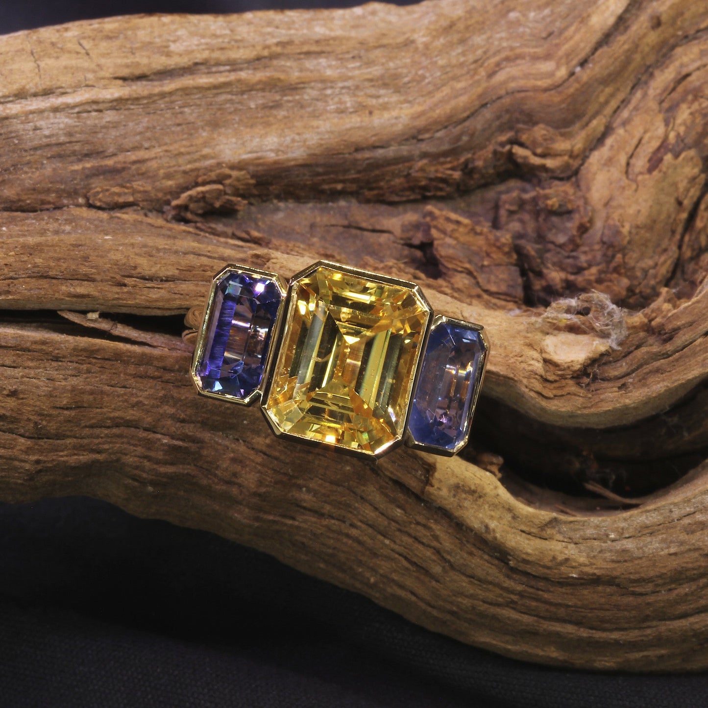 Passion Collection 18K YG Yellow & Bluish Violet Sapphire 3 stone ring
