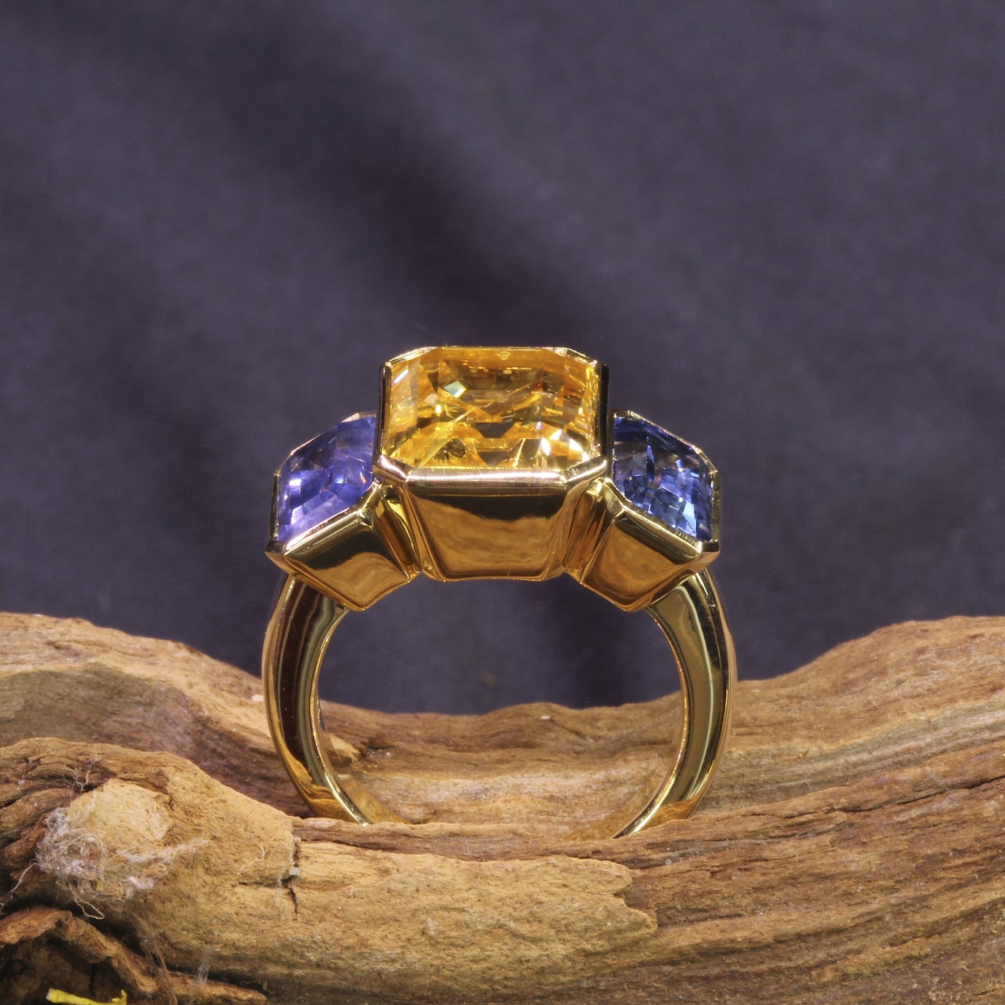 Passion Collection 18K YG Yellow & Bluish Violet Sapphire 3 stone ring