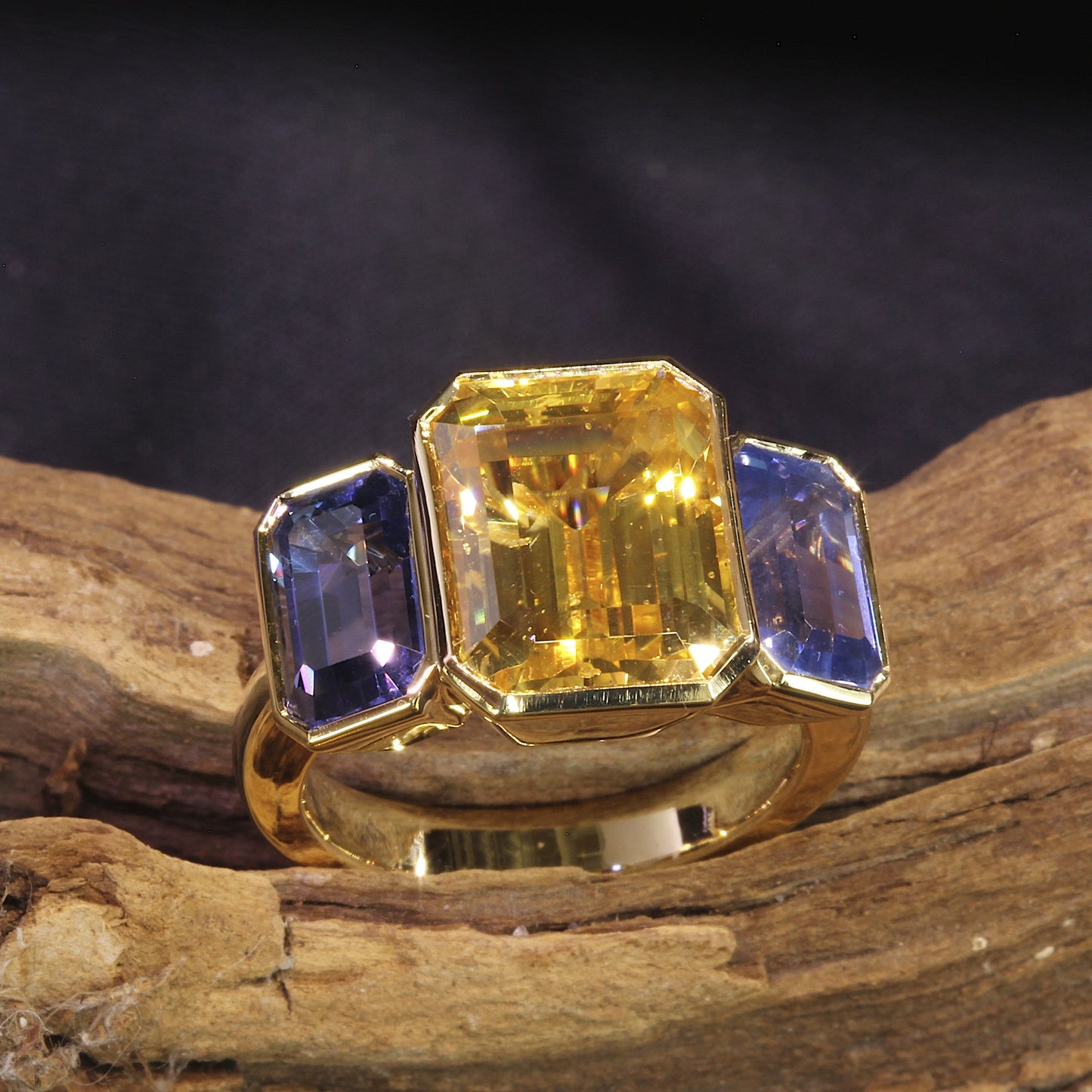 Passion Collection 18K YG Yellow & Bluish Violet Sapphire 3 stone ring