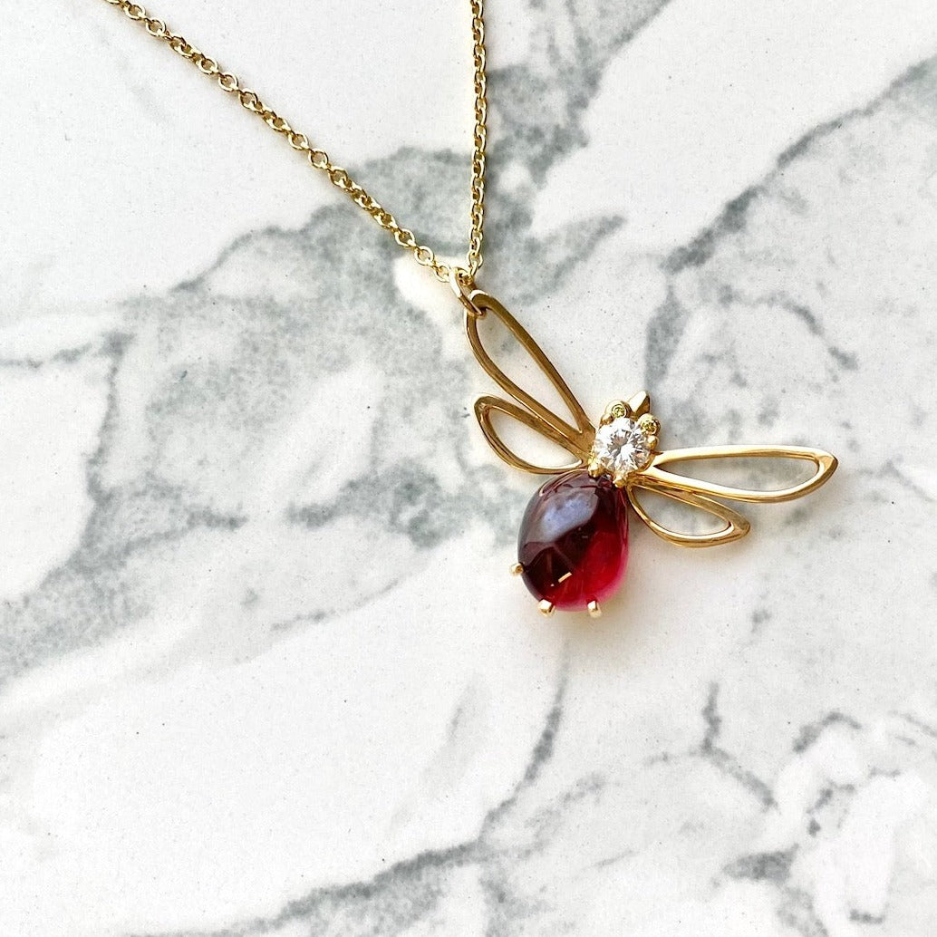 Bespoke Ruby 7.03ct Cabochon and .25ct Diamond Butterfly Pendant in 18KY