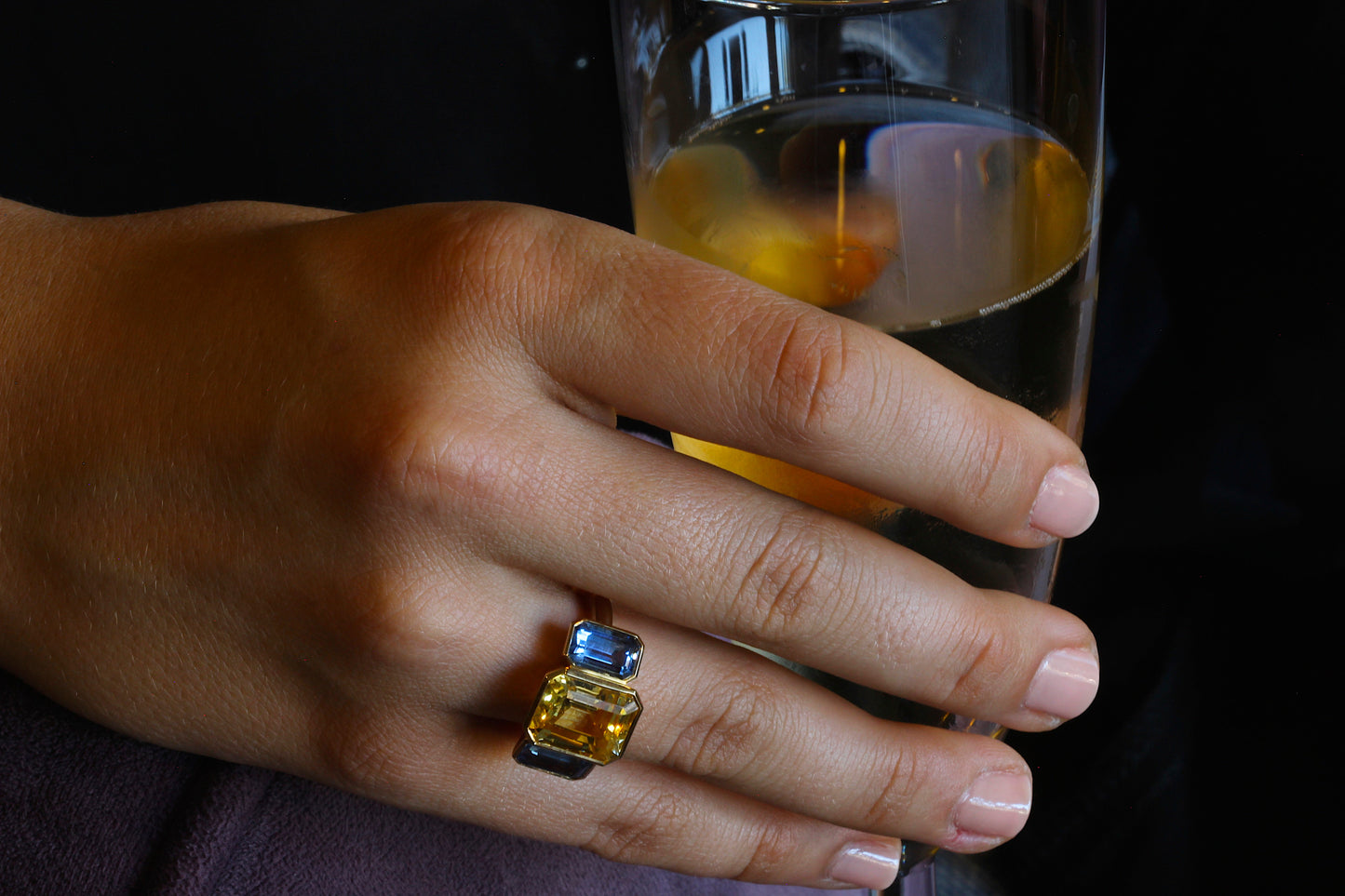 Passion Collection 18K YG Yellow & Bluish Violet Sapphire 3 stone ring