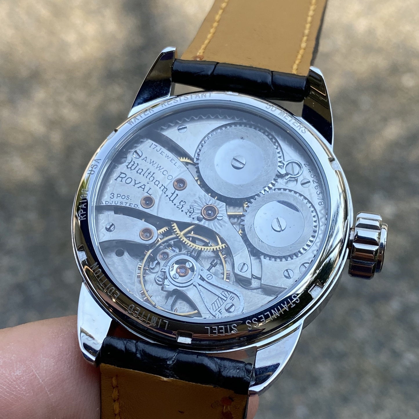 RPaige Wrocket Waltham Royal C.1923 guilloche 18K gold dial watch