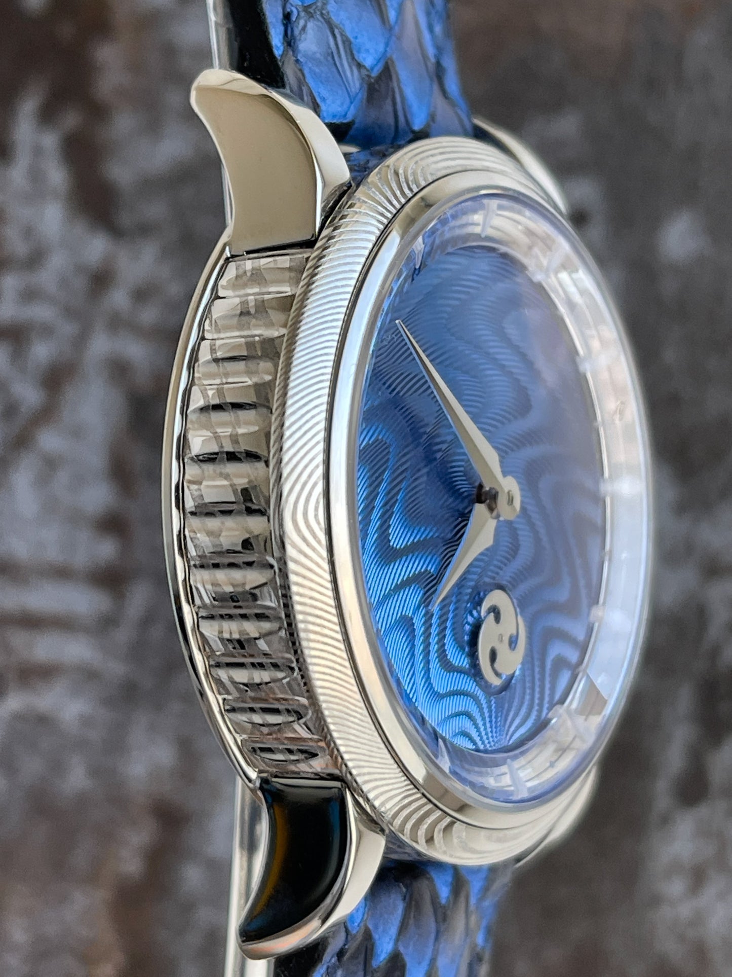 GoS Norrsken "1 out of 50" w/ Blue Guilloche dial, steel Damascus Bezel and steel Damascus case ring.