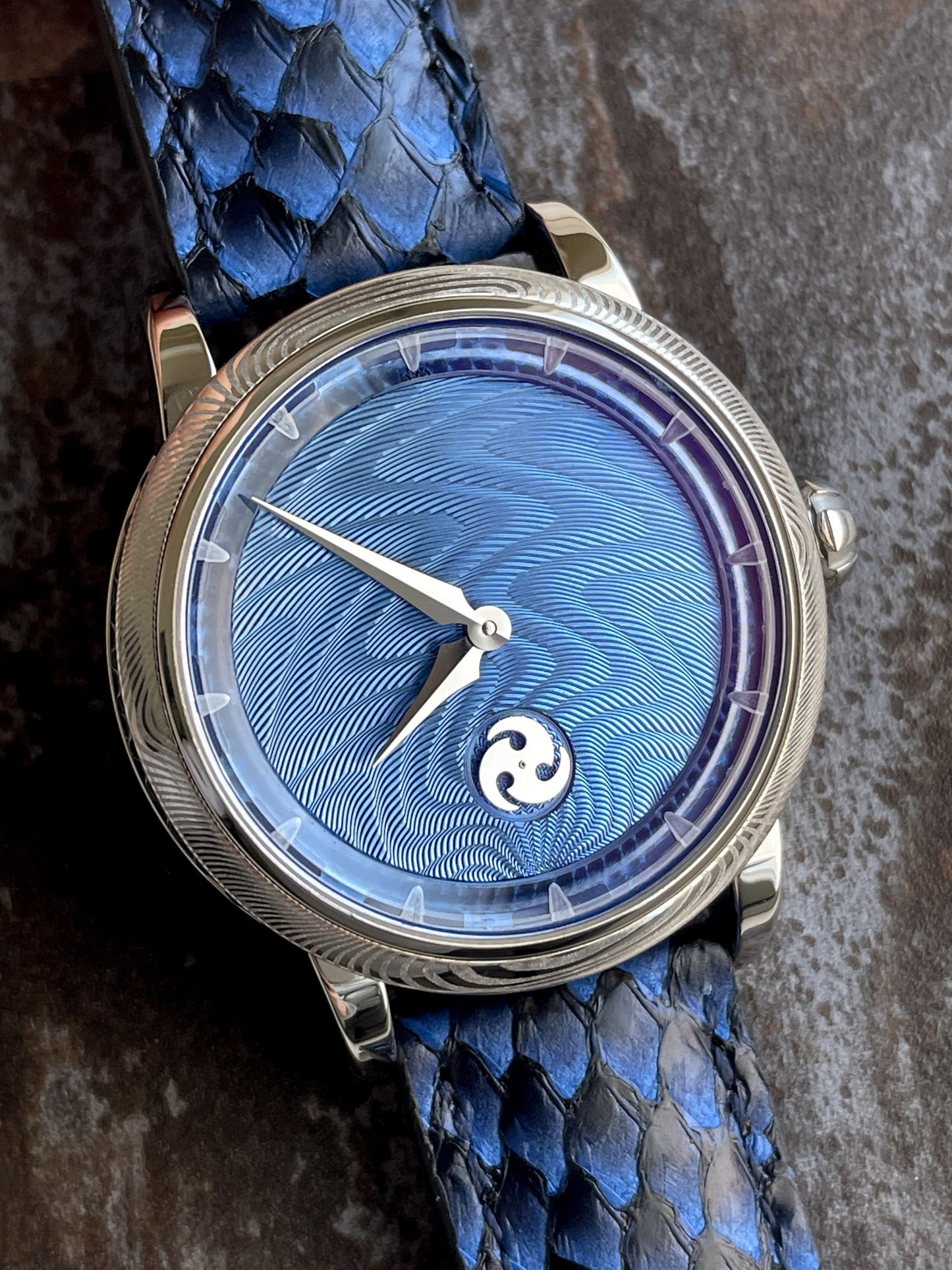 GoS Norrsken "1 out of 50" w/ Blue Guilloche dial, steel Damascus Bezel and steel Damascus case ring.