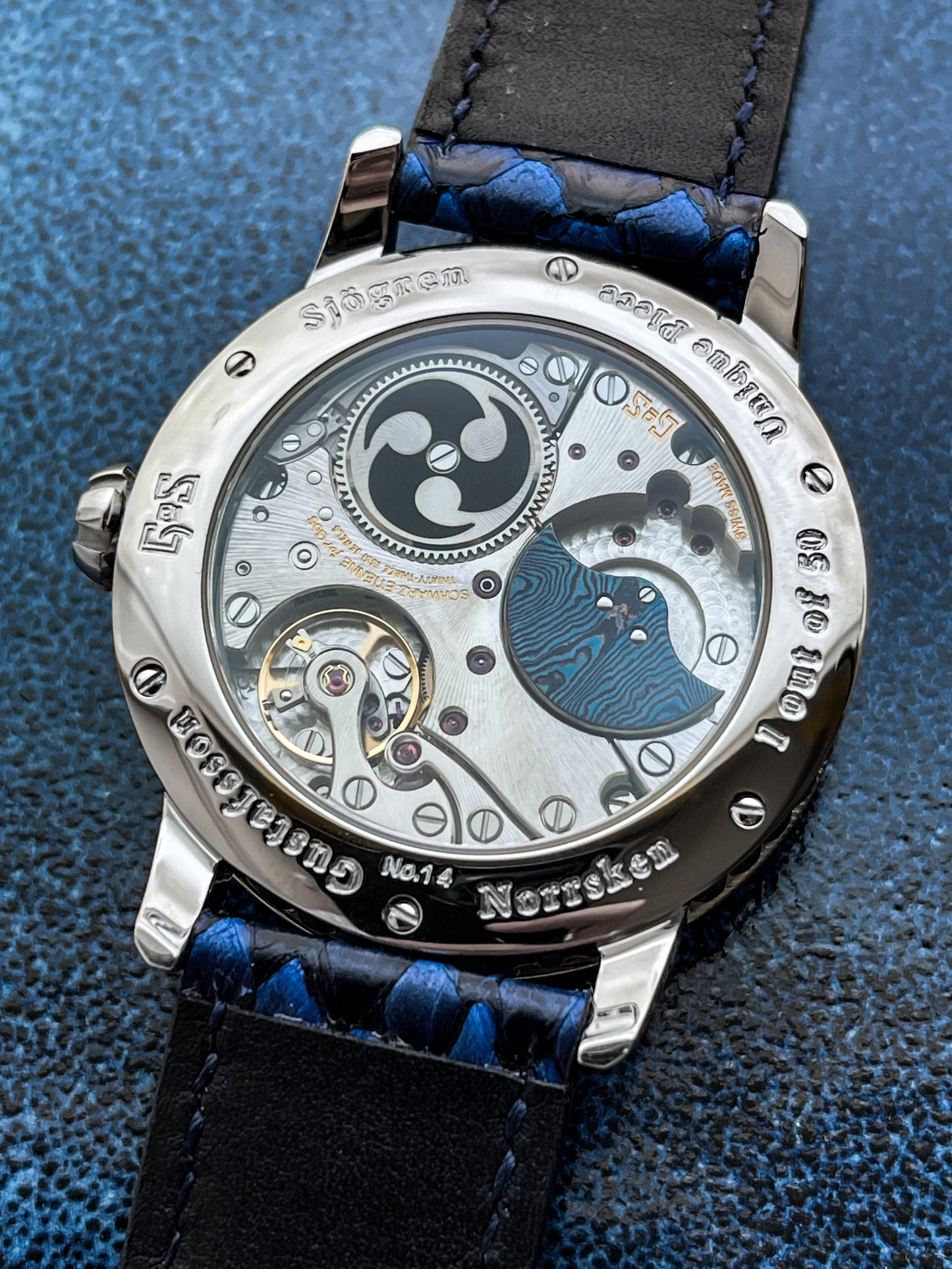 GoS Norrsken "1 out of 50" w/ Blue Guilloche dial, steel Damascus Bezel and steel Damascus case ring.