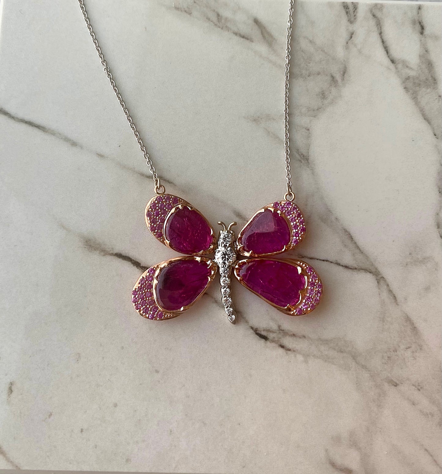 Pink Sapphire and Ruby Bespoke Butterfly in 18k Rose Gold