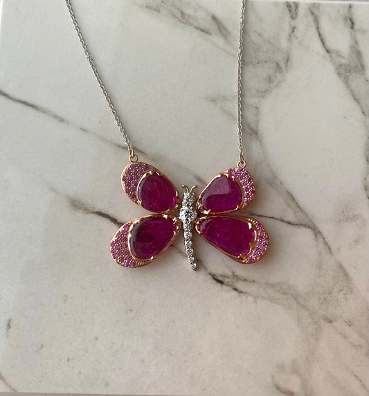Pink Sapphire and Ruby Bespoke Butterfly in 18k Rose Gold