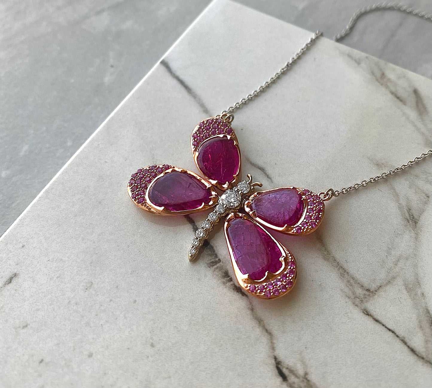 Pink Sapphire and Ruby Bespoke Butterfly in 18k Rose Gold