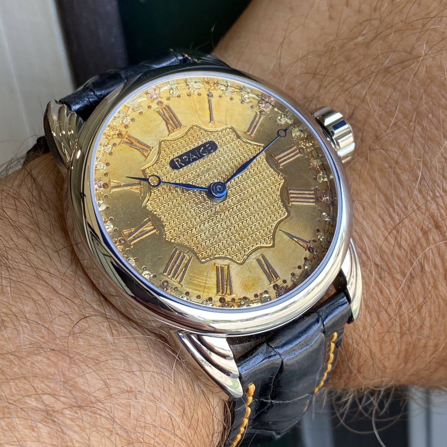 RPaige Wrocket Waltham Royal C.1923 guilloche 18K gold dial watch