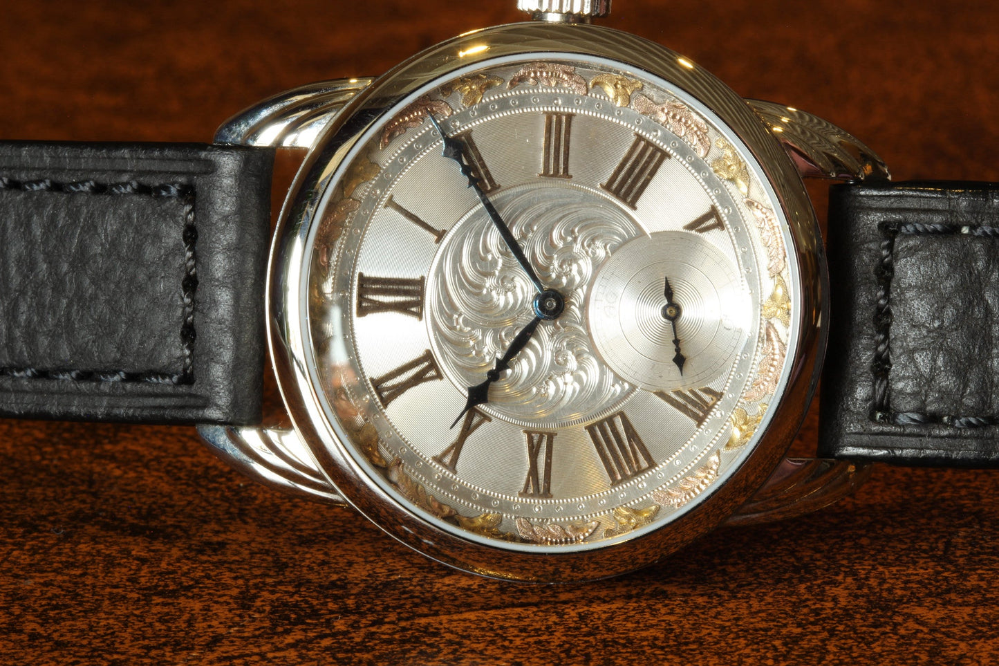 RPaige Wrocket hand engraved Silver & Gold dial watch