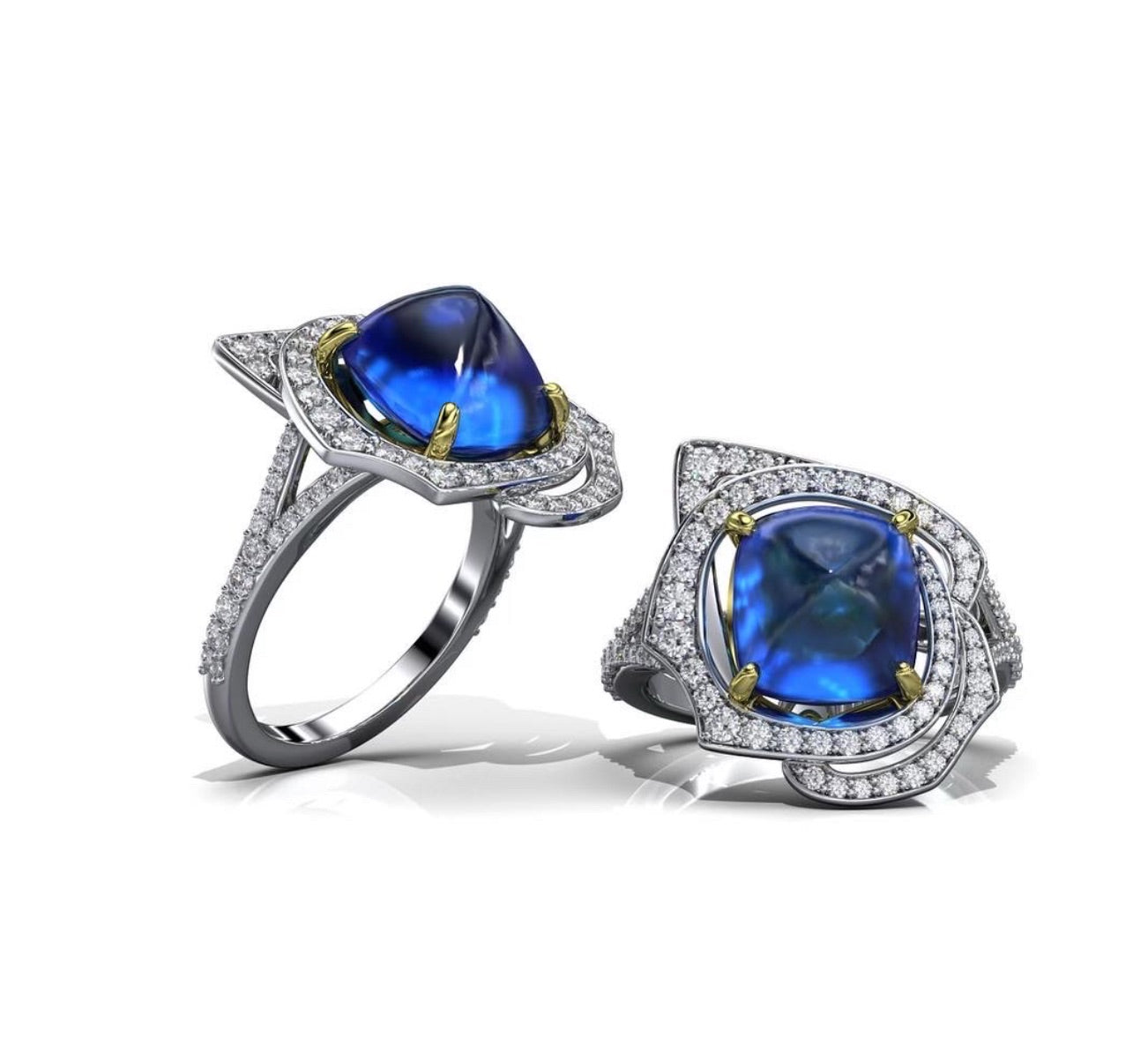 Rozel Bay Sugarloaf Cabachon Blue Sapphire and Diamond Ring in 18KW/Y