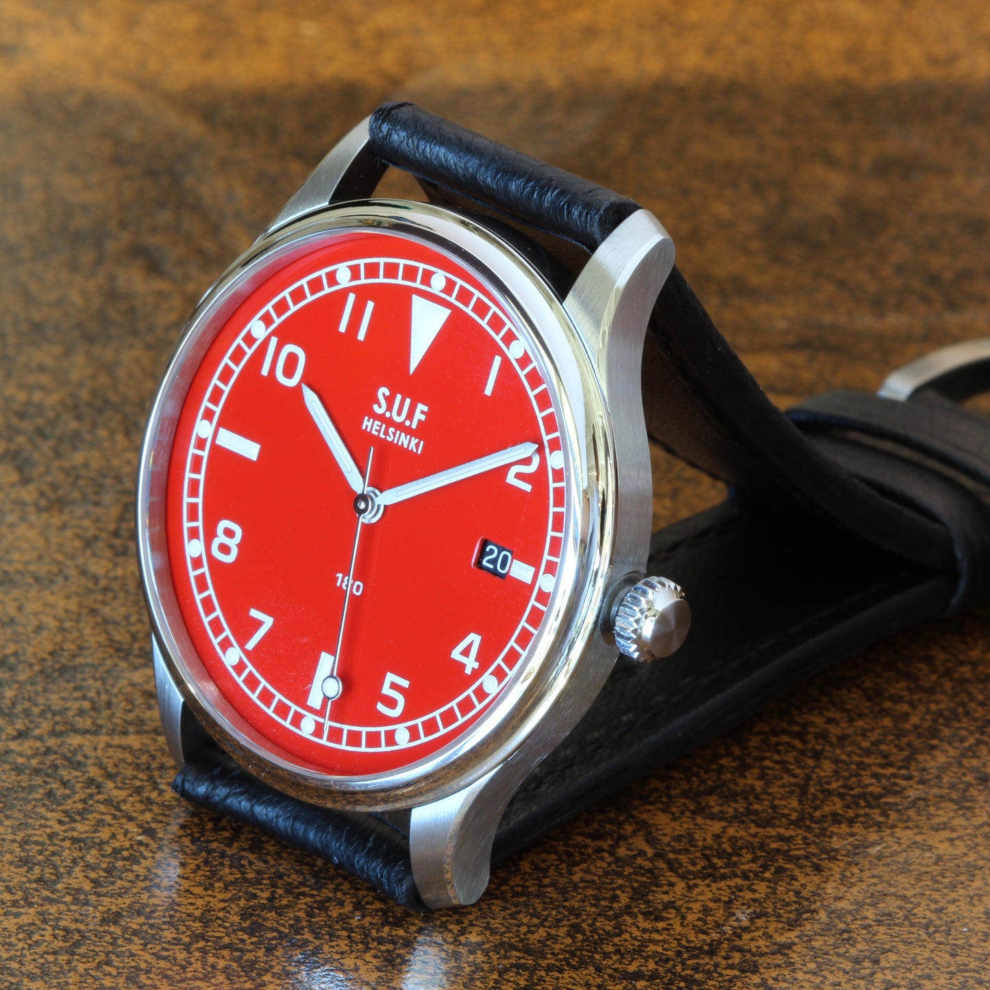 SUF Helsinki "180" C 38.7mm Red dial Ltd Edition Field watch on strap