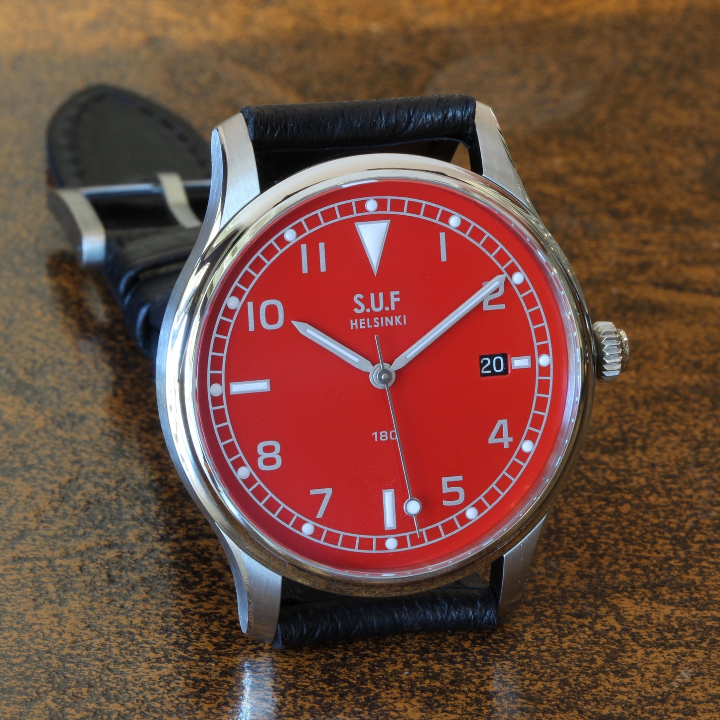 SUF Helsinki "180" C 38.7mm Red dial Ltd Edition Field watch on strap