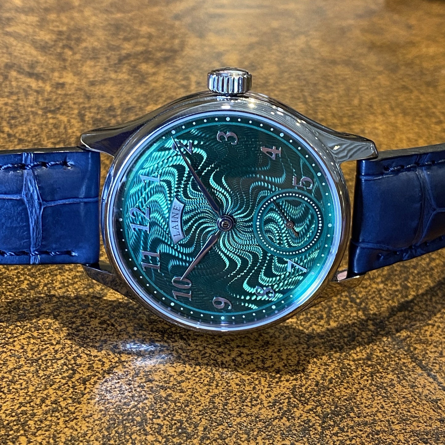 Estate SS 40.5mm Laine Gelidus Guilloche Green dial RG manual wind on strap B&P