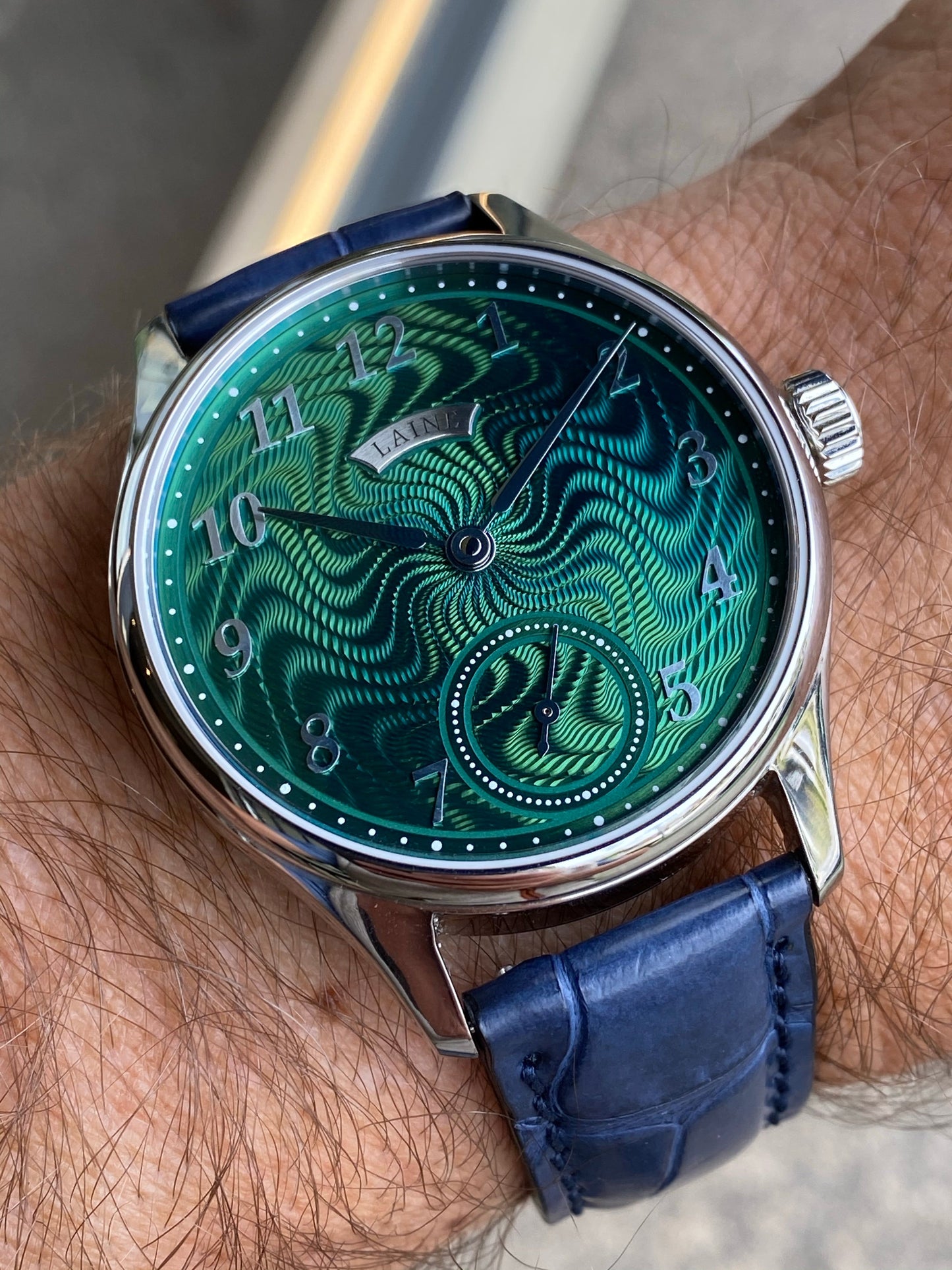 Estate SS 40.5mm Laine Gelidus Guilloche Green dial RG manual wind on strap B&P