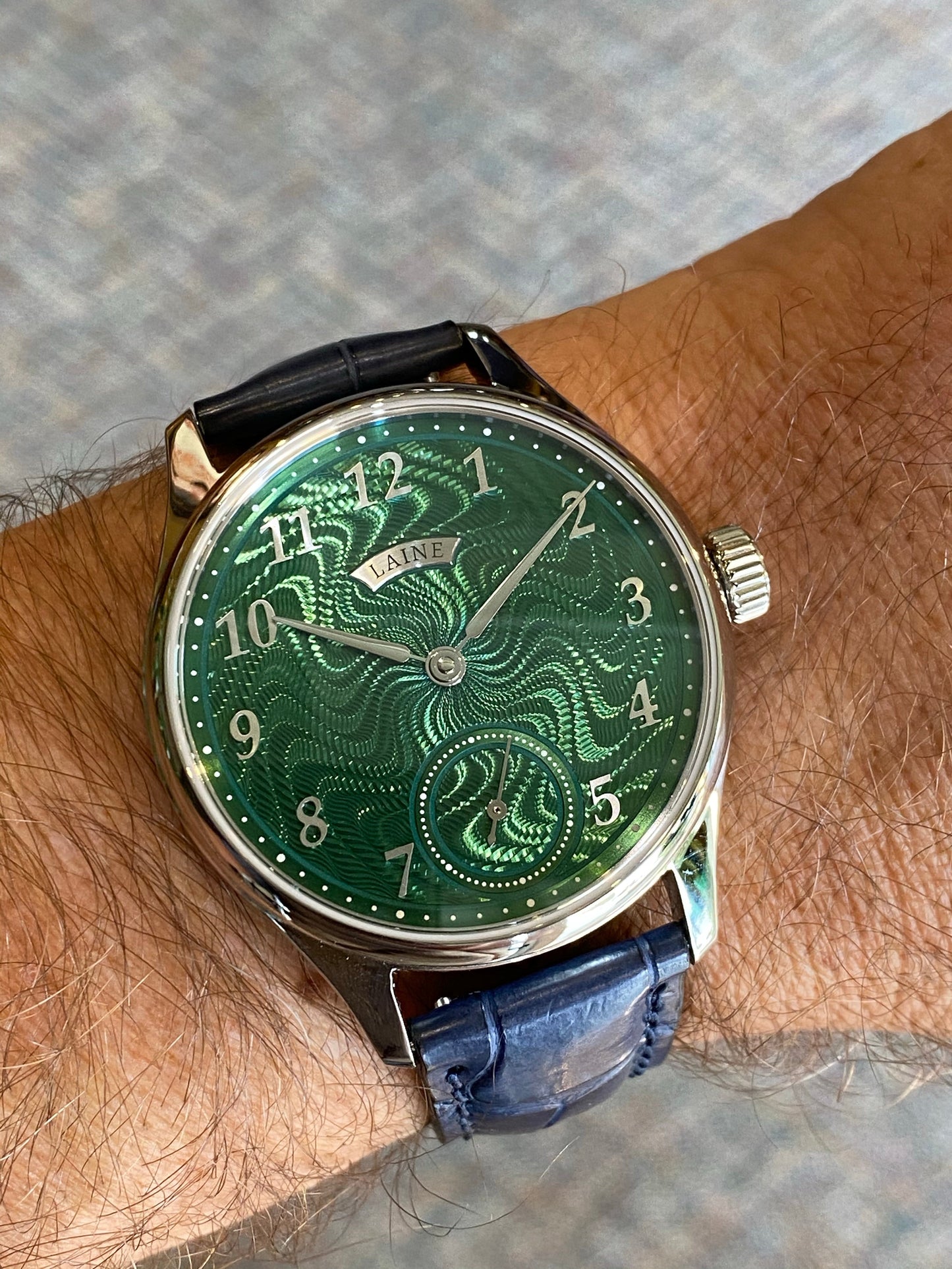 Estate SS 40.5mm Laine Gelidus Guilloche Green dial RG manual wind on strap B&P